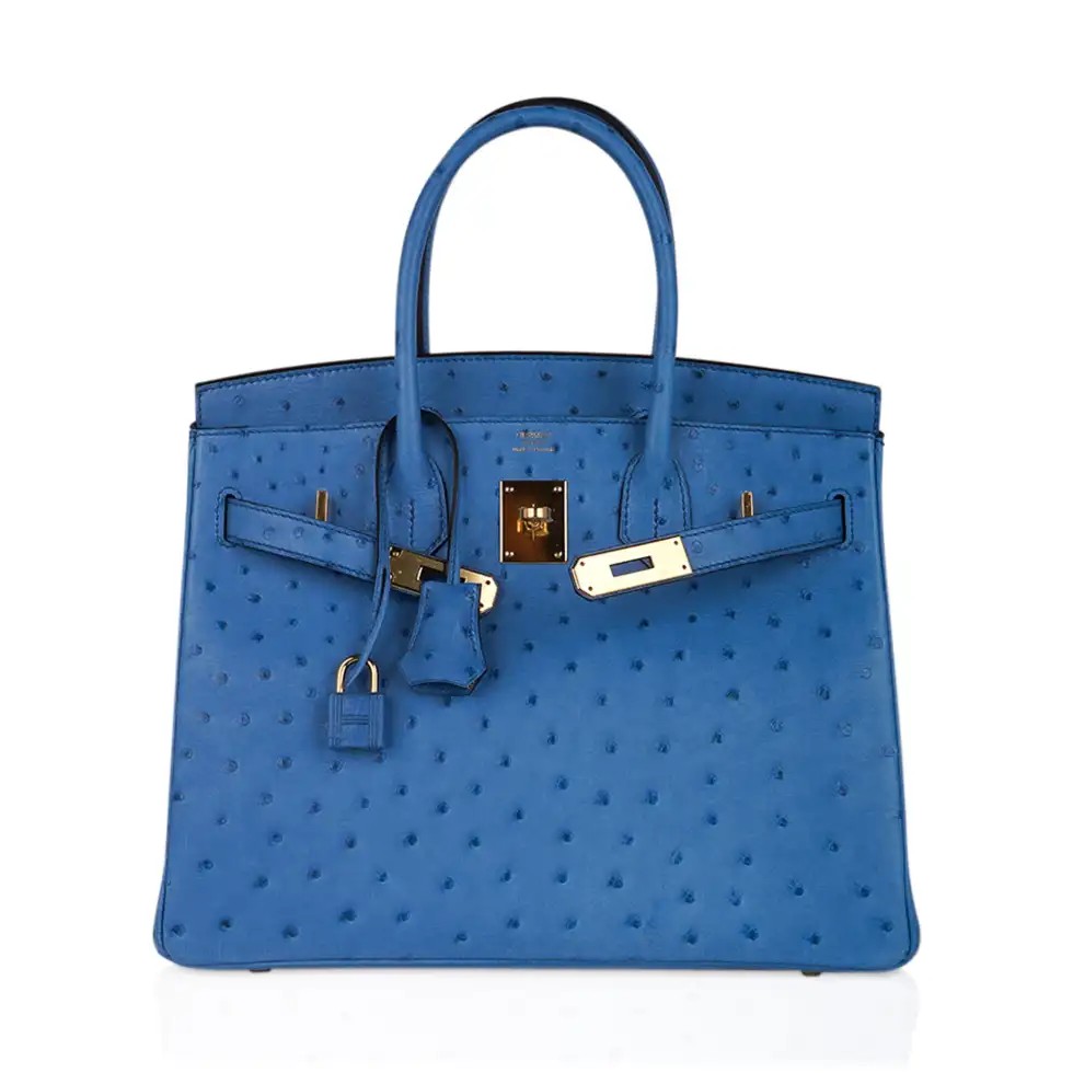 Hermes Birkin 30 Bag Bleu Mykonos Ostrich Leather with Gold Hardware - Image 3