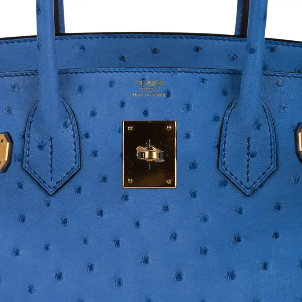 Hermes Birkin 30 Bag Bleu Mykonos Ostrich Leather with Gold Hardware - Image 9