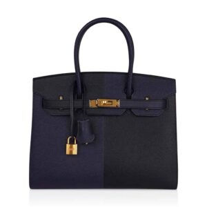 Hermes Limited Edition Birkin 30 Bag Casaque Sellier ri Colour Noir Blue Indigo Blue Frida Epsom with Gold Hardware