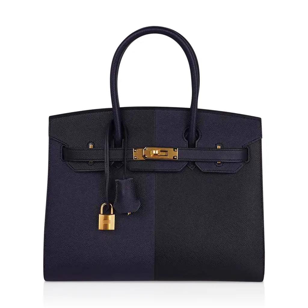 Hermes Limited Edition Birkin 30 Bag Casaque Sellier ri Colour Noir Blue Indigo Blue Frida Epsom with Gold Hardware