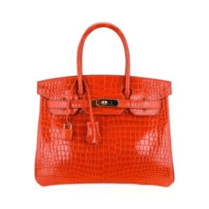 Hermes Birkin 30 Bag Orange Poppy Porosus Crocodile with Gold Hardware