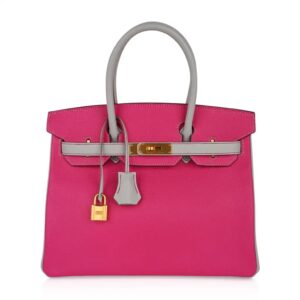 Hermes Special Order HSS Birkin 30 Bag Rose Shocking & Gris Perle Chevre Leather with Brushed Gold Hardware