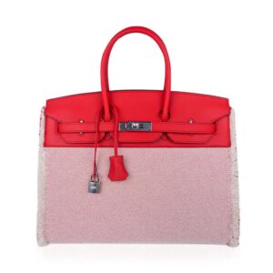 Hermes Limited Edition Birkin 35 Bag Fray Fray Framboise Toile & Swift Leather with Palladium Hardware