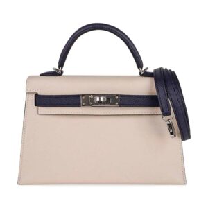 Hermes Special Order HSS Mini Kelly 20 Bag Sellier Craie & Blue Indigo Epsom Leather with Palladium Hardware