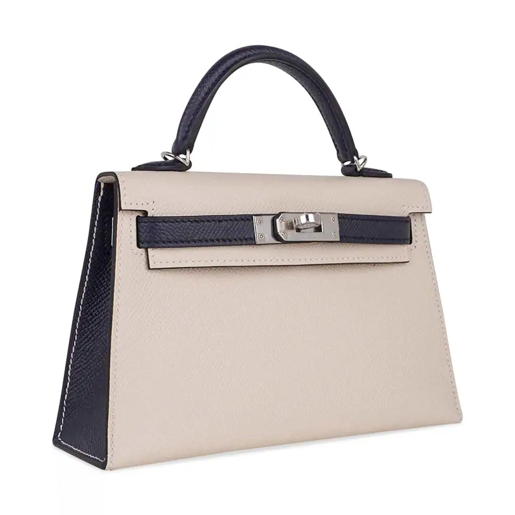 Hermes Special Order HSS Mini Kelly 20 Bag Sellier Craie & Blue Indigo Epsom Leather with Palladium Hardware - Image 2
