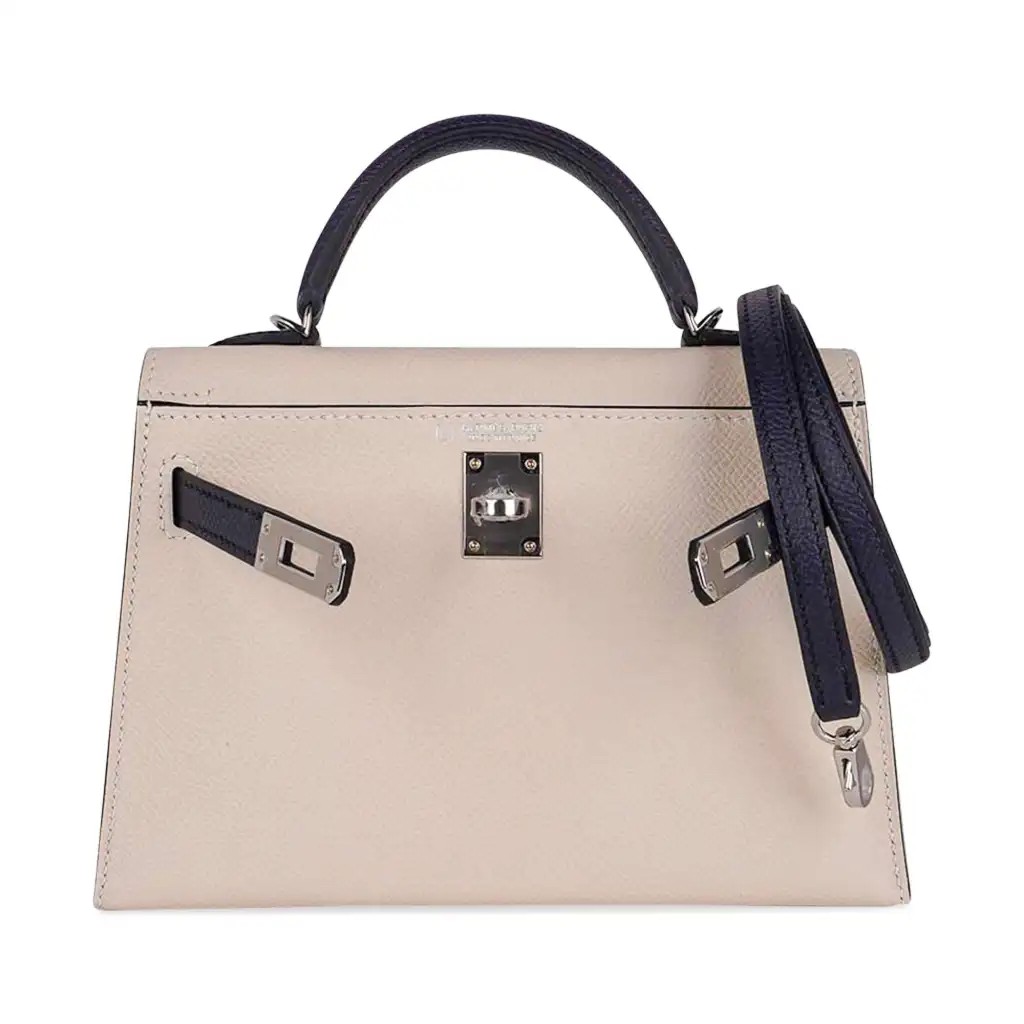 Hermes Special Order HSS Mini Kelly 20 Bag Sellier Craie & Blue Indigo Epsom Leather with Palladium Hardware - Image 3
