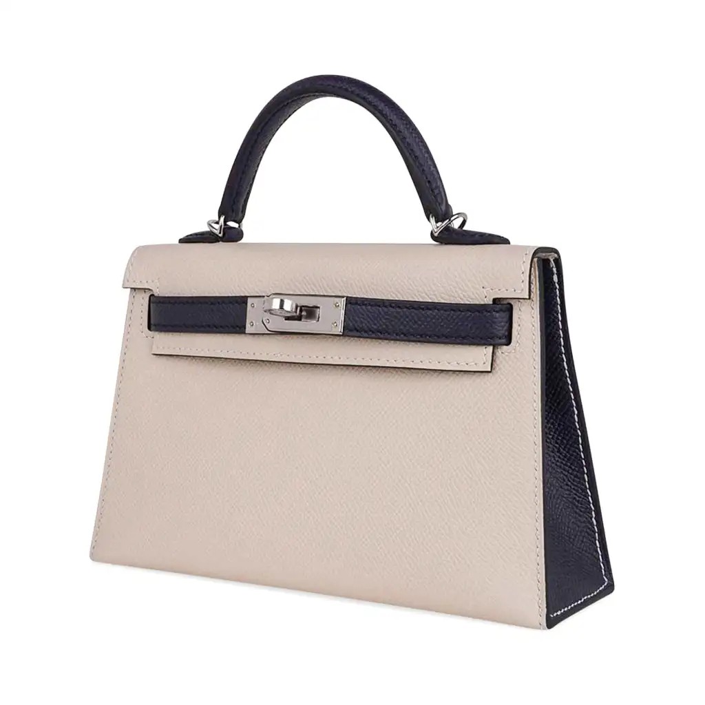 Hermes Special Order HSS Mini Kelly 20 Bag Sellier Craie & Blue Indigo Epsom Leather with Palladium Hardware - Image 4