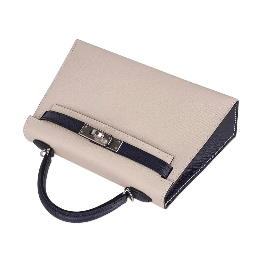 Hermes Special Order HSS Mini Kelly 20 Bag Sellier Craie & Blue Indigo Epsom Leather with Palladium Hardware - Image 8