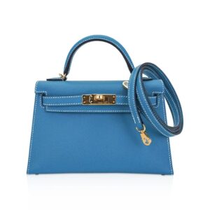 Hermes Mini Kelly 20 Bag Sellier New Blue Jean Epsom Leather with Gold Hardware