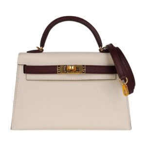 Hermes Special Order HSS Mini Kelly 20 Sellier Bag Nata & Bordeaux Epsom Leather with Gold Hardware
