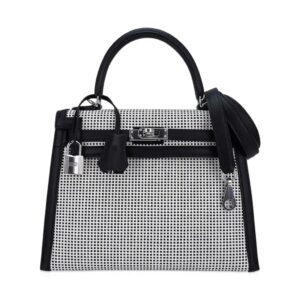 Hermes Kelly 25 Sellier Bag Quadrille Black & White Viking Toile Swift Leather with Palladium Hardware