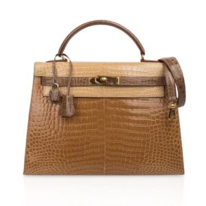 Hermes Tri-Colour Kelly 32 Sellier Bag Poussiere Poudre Ficelle Porosus Crocodile